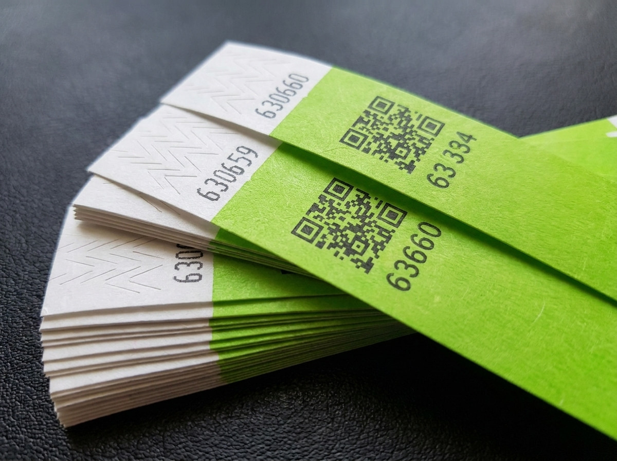 Stapel med anpassade Tyvek-armband med QR-kod och sekventiell numrering, skyddslåsning synlig