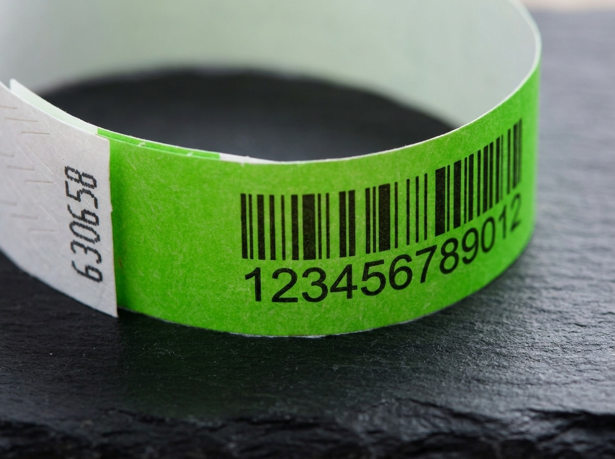 Närbild på ett Tyvek-armband tryckt med en Code 128-streckkod och ett sekvensnummer, placerat på en mörk yta