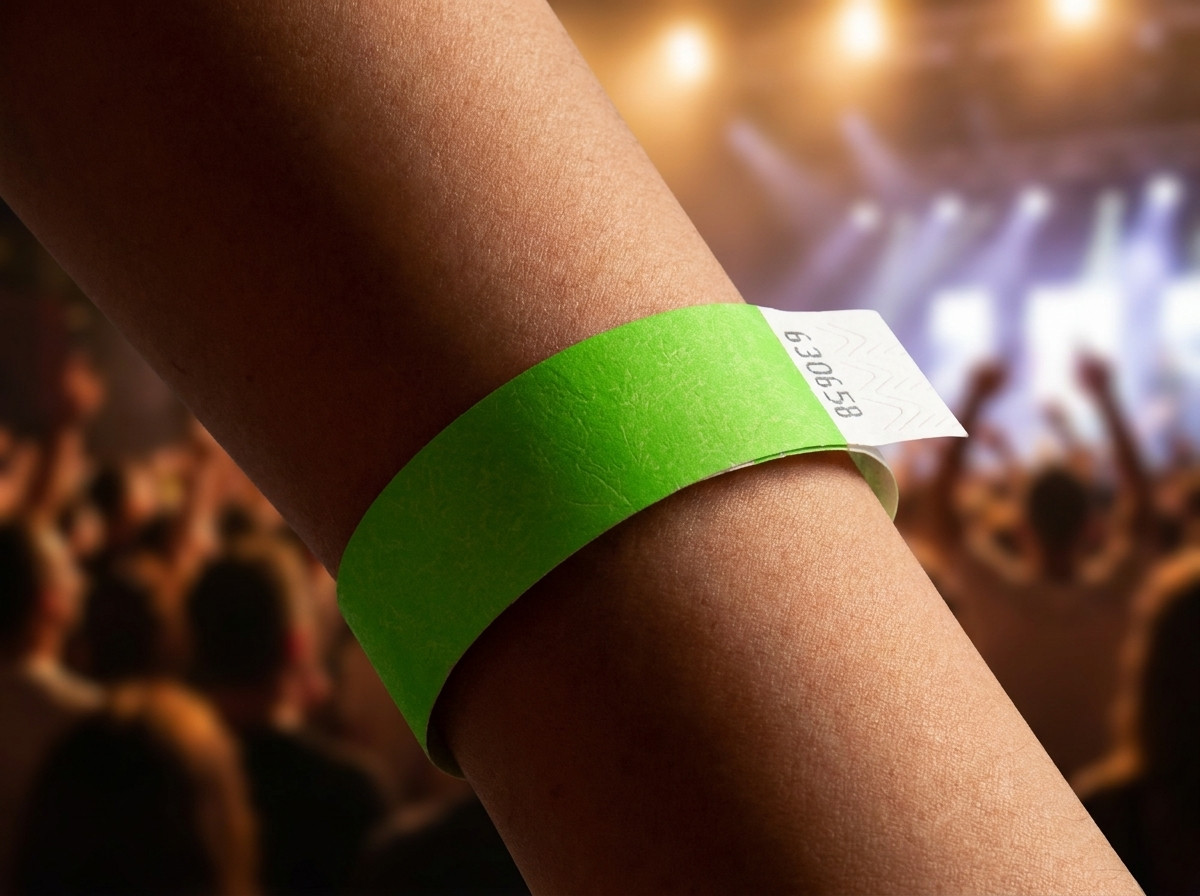 Närbild på ett anpassat armbånd buret på en maratonlöpares handled, med startnummer och evenemangslogotyp i HD-tryck