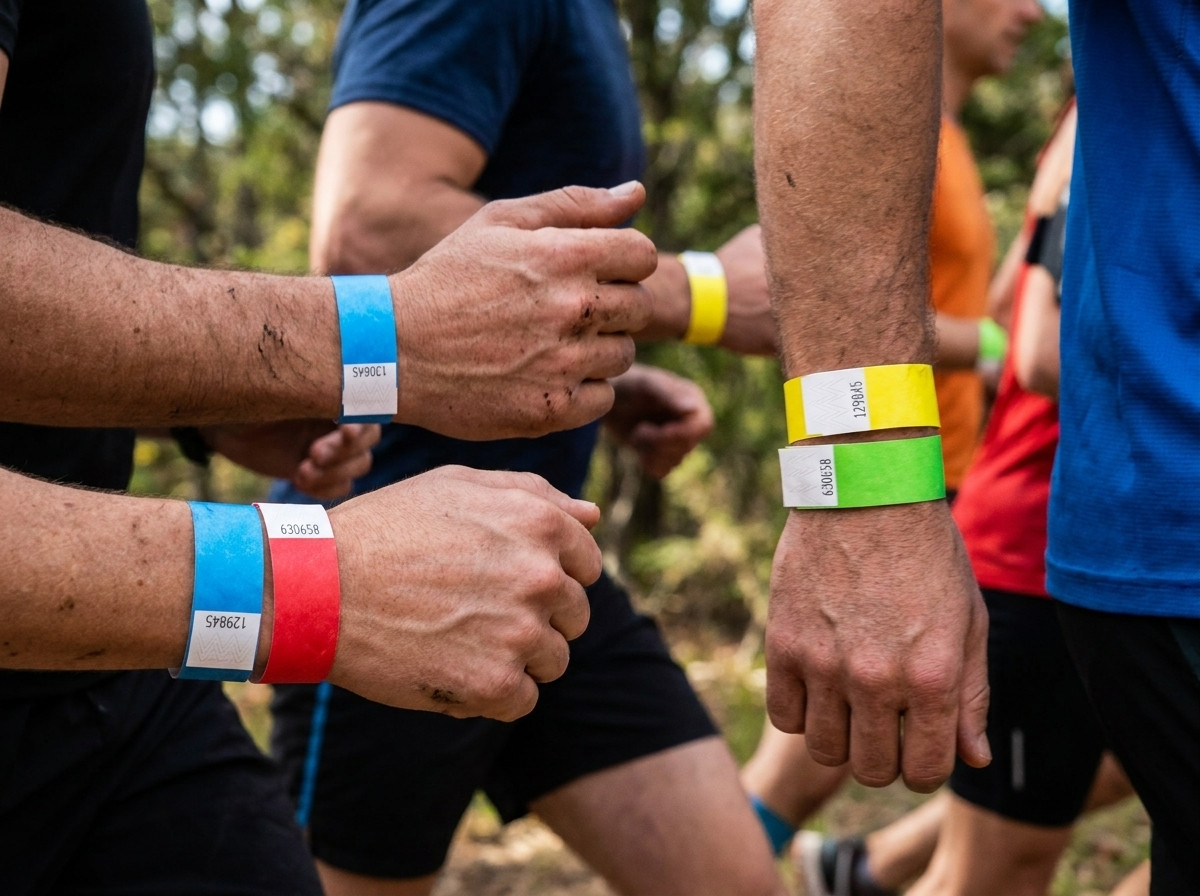 Löpare med färgglada Tyvek-armband vid ett maraton där volontärer vid förplägnadsstation kontrollerar kategorifärgerna