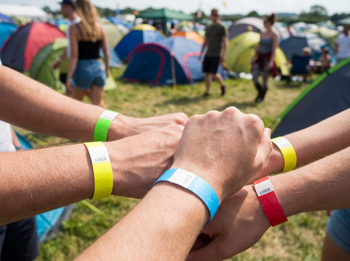 Färgglada identifikationsarmband burna av festivalbesökare framför ett utomhuscampingområde med tält i bakgrunden