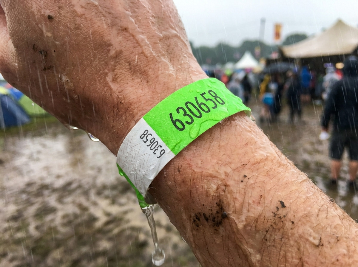 Närbild på ett personligt armband buret på handleden under ett flerdagarsfestival i regnet, fortfarande helt och läsbart