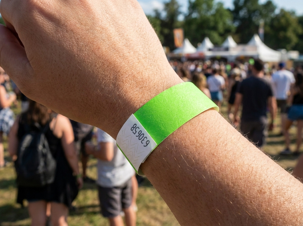 PVC-vinylarmband med högupplöst tryckt foto, buret på handleden under ett utomhusfestival