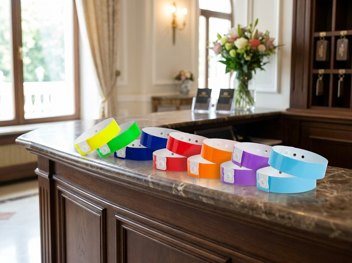 Färgglada all-inclusive-armband placerade på en hotellreceptionsdisk, där varje färg representerar ett annat vistelsealternativ