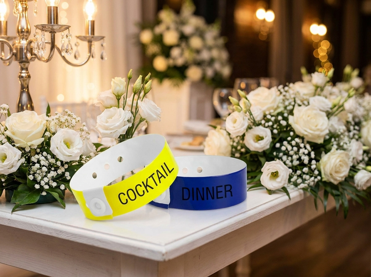 Två typer av brölloparmband placerade bredvid varandra på ett receptionsbord dekorerat med vita blommor, som illustrerar skillnaden mellan cocktail och middag
