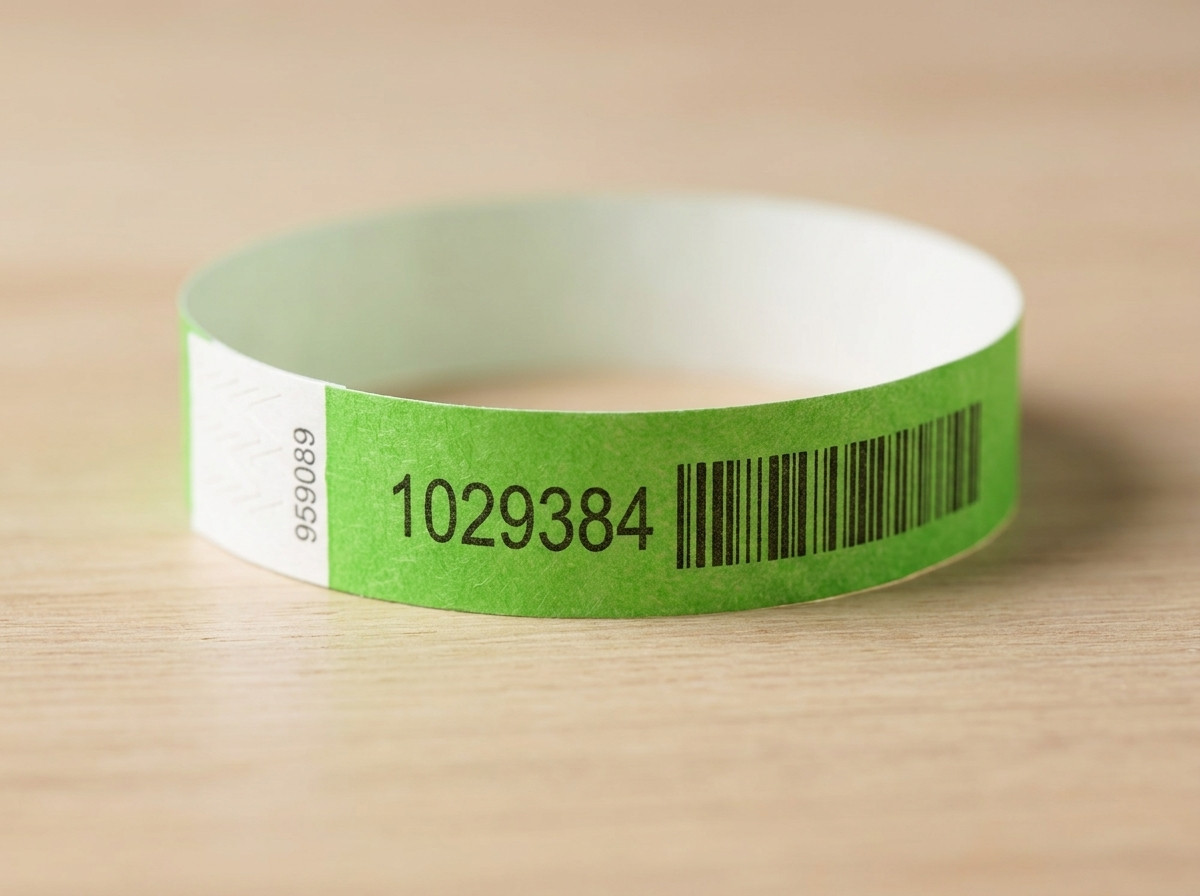 Närbild på ett Tyvek-armband med tryckt sekvensnummer och streckkod, placerat på ett eventvärdsbord