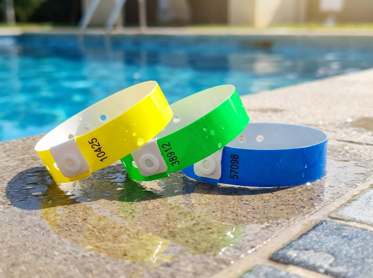 Personliga PVC-vinylarmband för poolabonnemang, med abonnentnummer och QR-kod, placerade på kanten av en bassäng