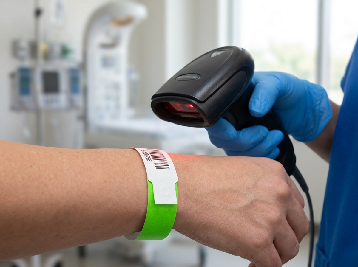 Sjuksköterska som skannar ett styvt plastarmband på en patients handled