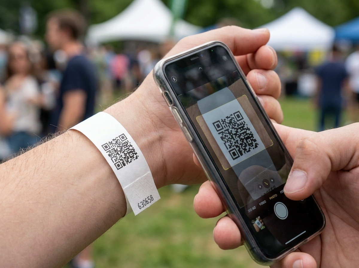 Närbild på ett vitt Tyvek-armband med en svart tryckt QR-kod, skannad av en smartphone vid åtkomstkontrollen till ett festival