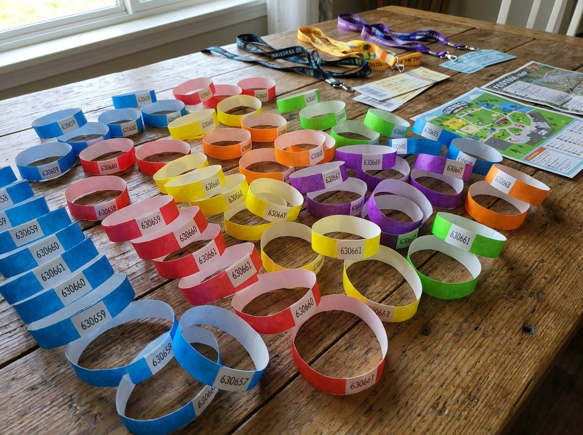 Färgglada anti-överförings-säkerhetsarmbånd förberedda för ett stort festival, med synliga förslutningar och sekventiell numrering