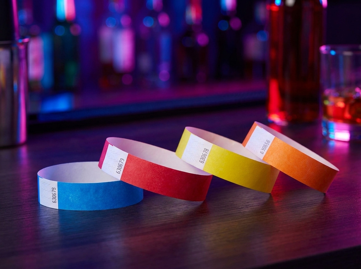 Färgglada vinyl-PVC-armband för VIP-tillträde på en nattklubb placerade på en bardisk med omgivande belysning