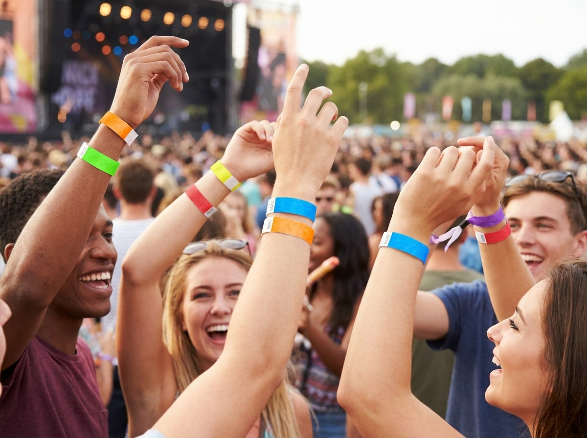 Färgglada Tyvek-armbånd burna av festivalbesökare vid en utomhuskonsert, vilket illustrerar deras hållfasthet och komfort