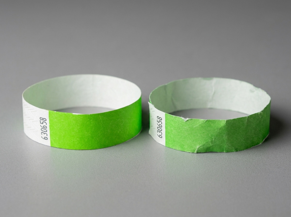 Jämförelse sida vid sida av ett Tyvek-armband och ett pappersarmband blöta på en utomhusyta i regnet