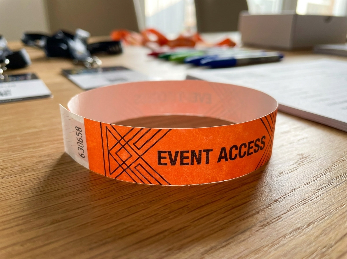 Närbild på ett färgglatt Tyvek-armband med HD-tryck på ett bord med evenemangsutrustning