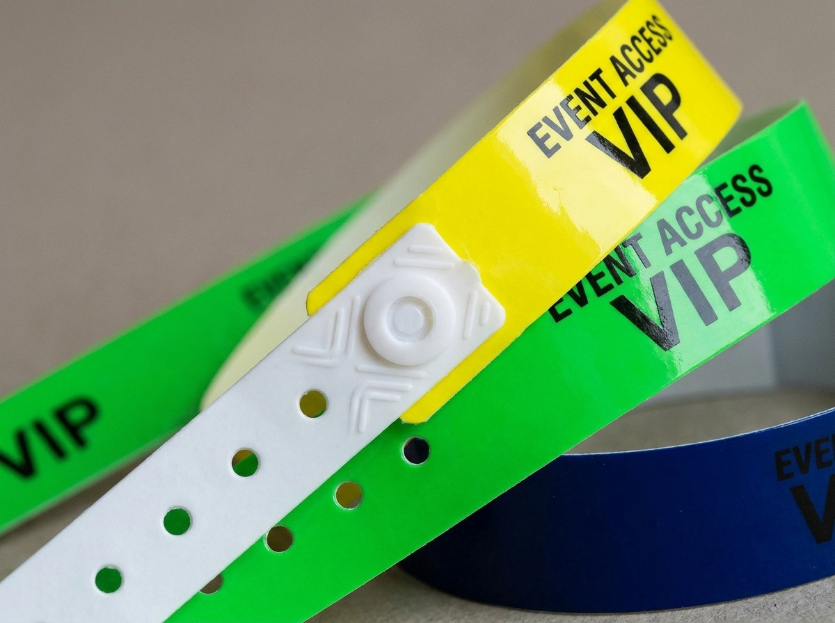 Färgglada vinyl-PVC-armband med plastknäppstängning som visar det hållbara plastmaterialet